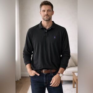 Polo Ralph‎ Lauren Black Long Sleeve Polo Shirt Mens XXL Purple Pony Classic